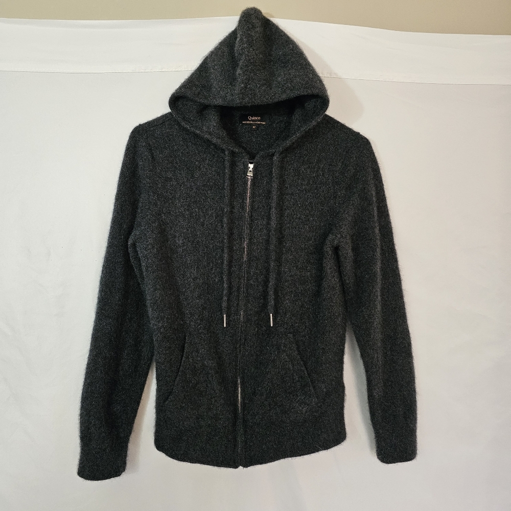 Quince Women's 100% Mongolian Cashmere Hooded Zip Cardigan Sweater Gray Medium